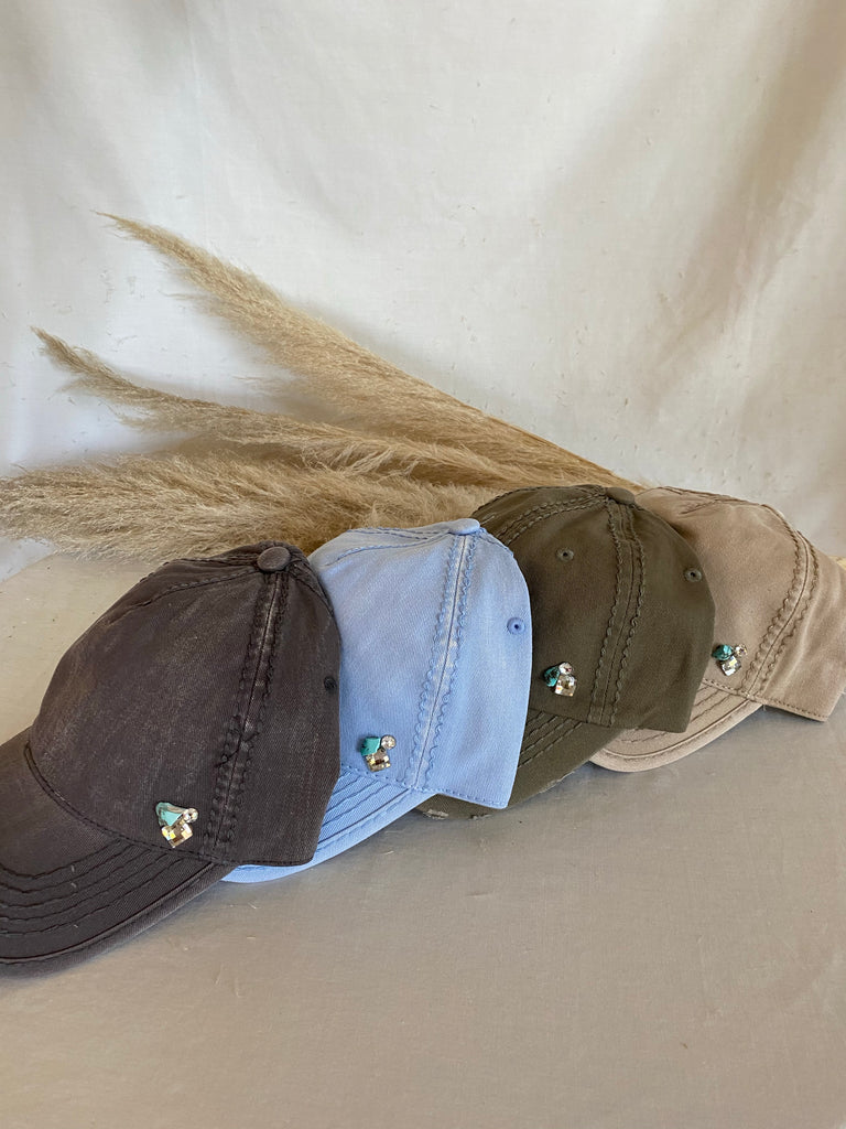 IN STOCK! Washed Cotton Beige Ball Cap w/ Turquoise - Glitzy Bella