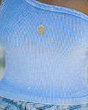 Vintage Ice Blue One Shoulder Crop Top by Nikibiki